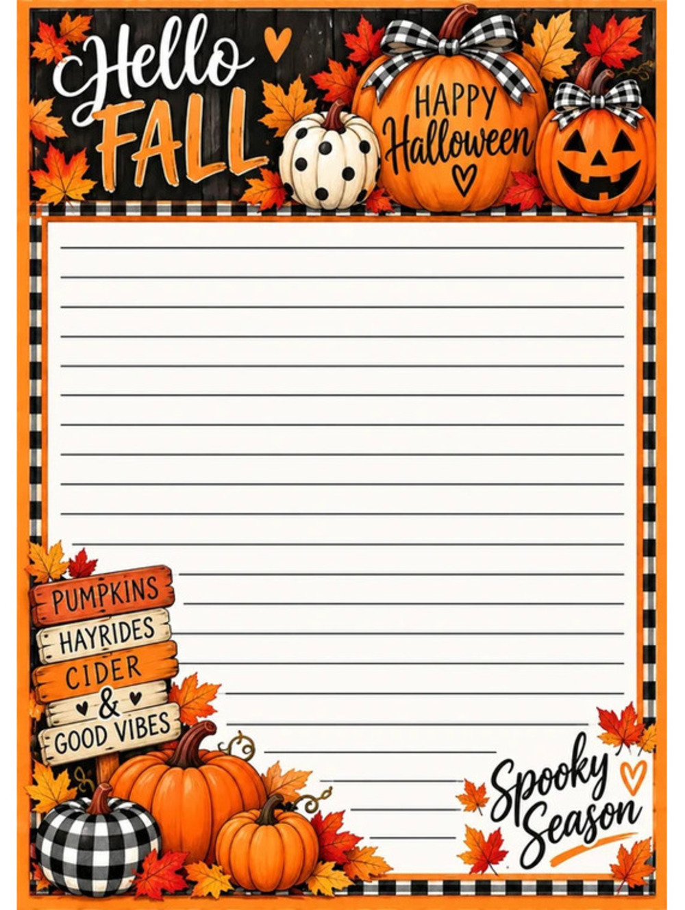 Hello Fall Halloween 5x7 Notepad | Pumpkin & Buffalo Plaid Note Pad